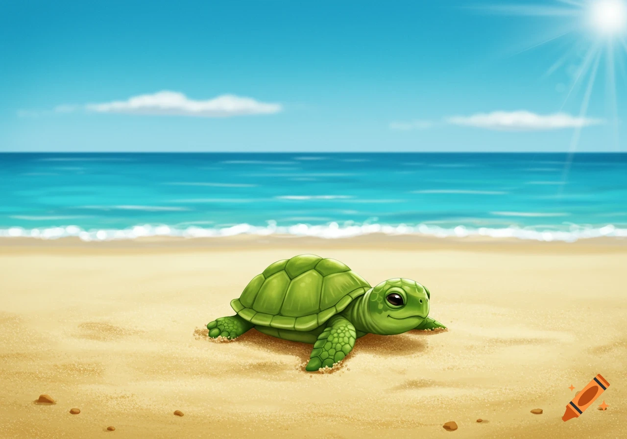 Illustration of a cute green turtle on a sandy beach with the ocean and blue sky behind it.