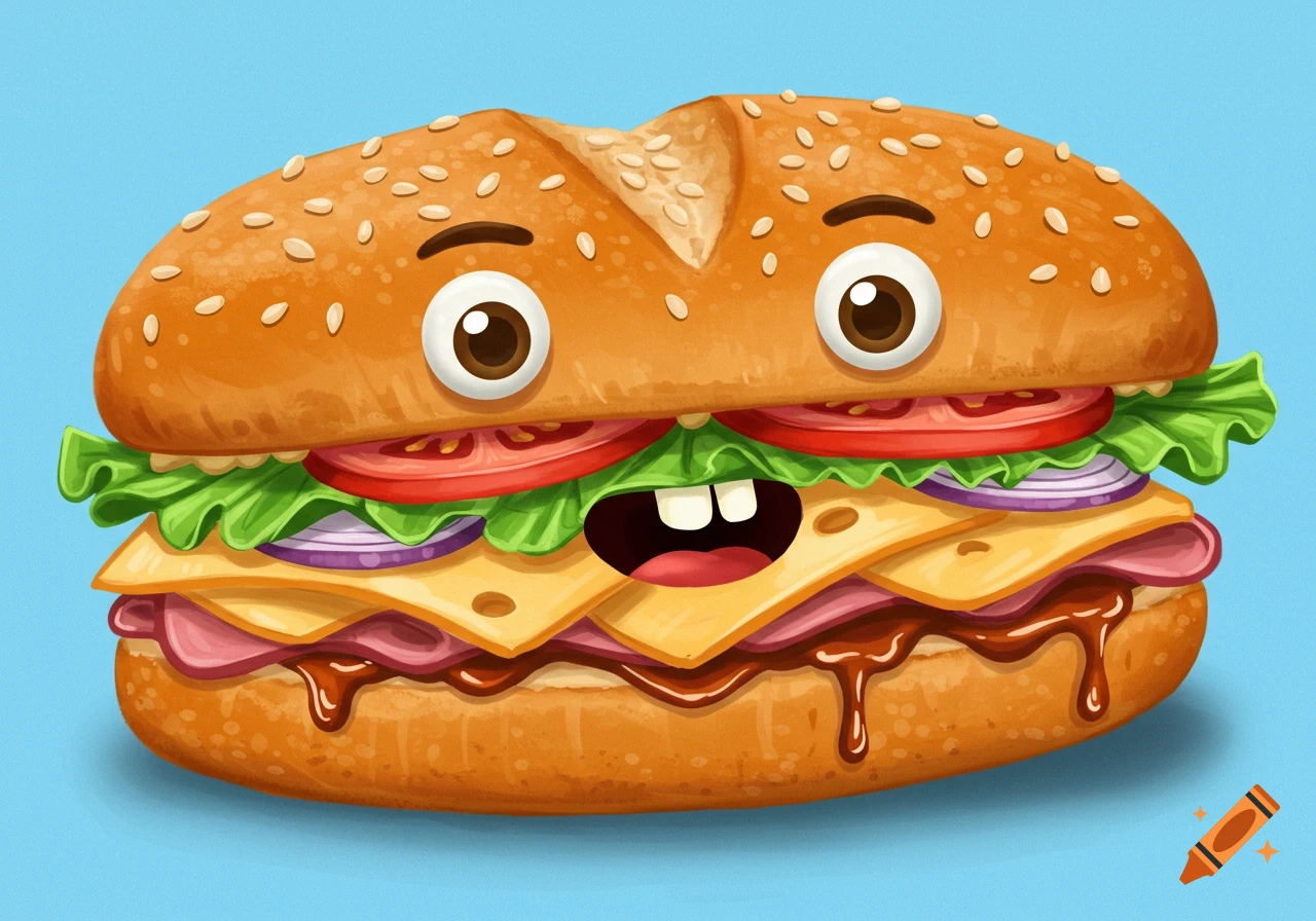 A cartoon sandwich character with eyes, lettuce, tomato, cheese, and meat on a blue background.