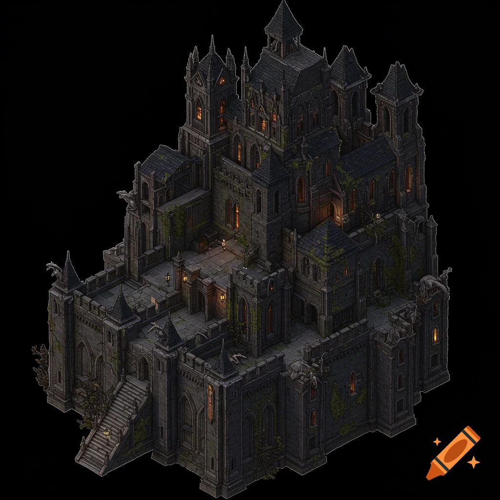 An isometric illustration of a dark fantasy castle