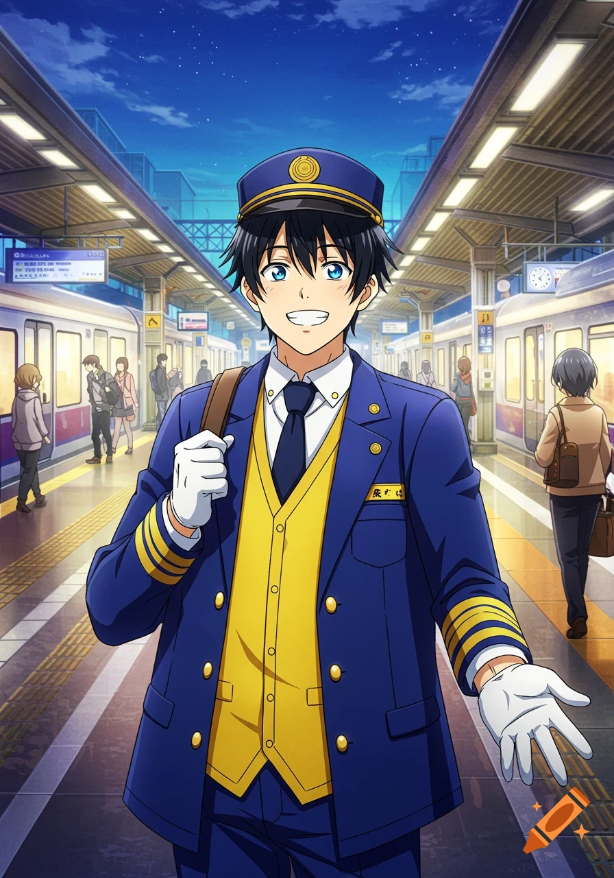 Anime man in a train conductor uniform stands smiling at a station platform.