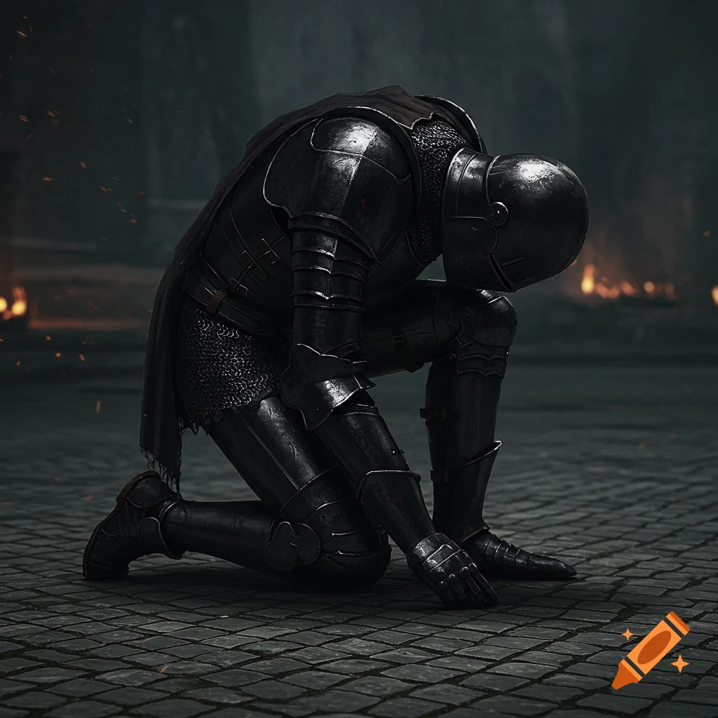 A person in full black armor kneels on a stone floor in a dark setting with fires.