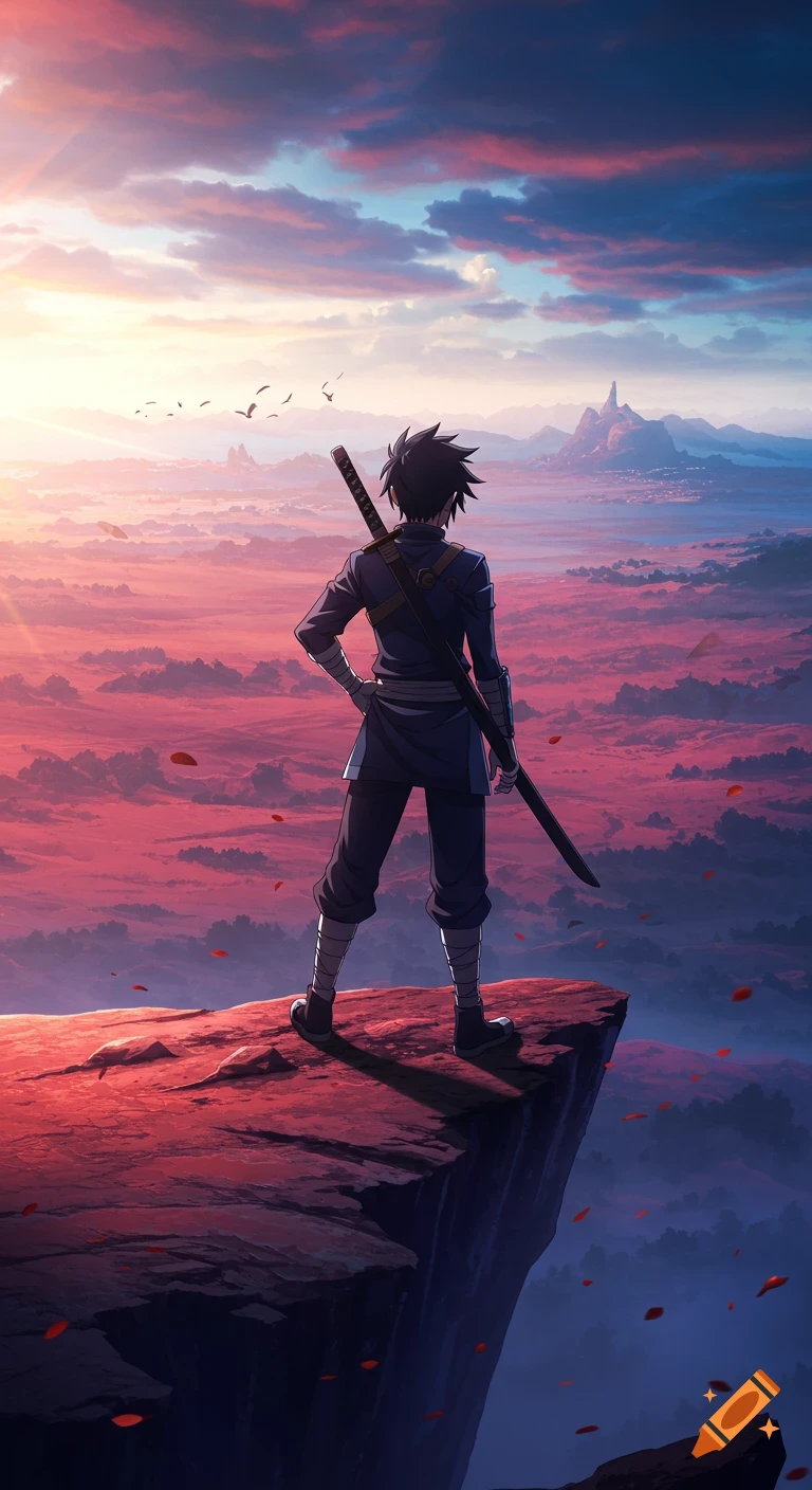 Anime character standing on a cliff edge with a sword, overlooking a dramatic sunset landscape.