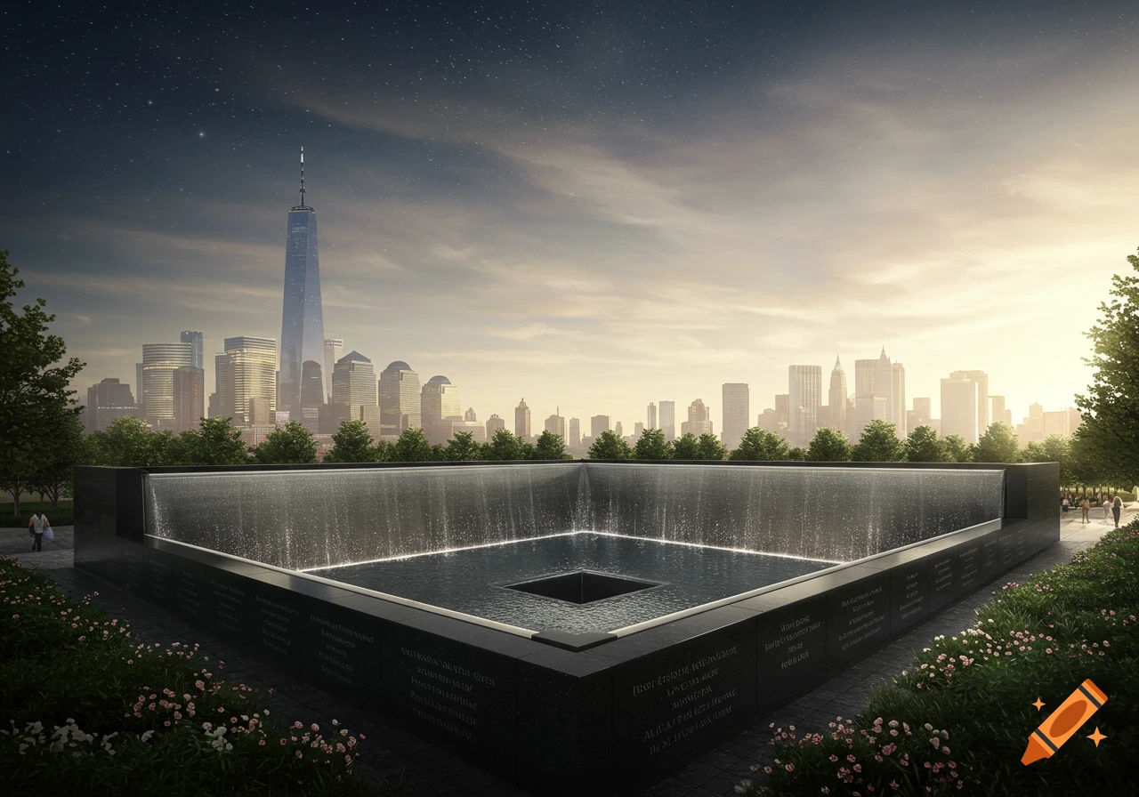 The 9/11 memorial pools with the New York City skyline and One World Trade Center in the background.
