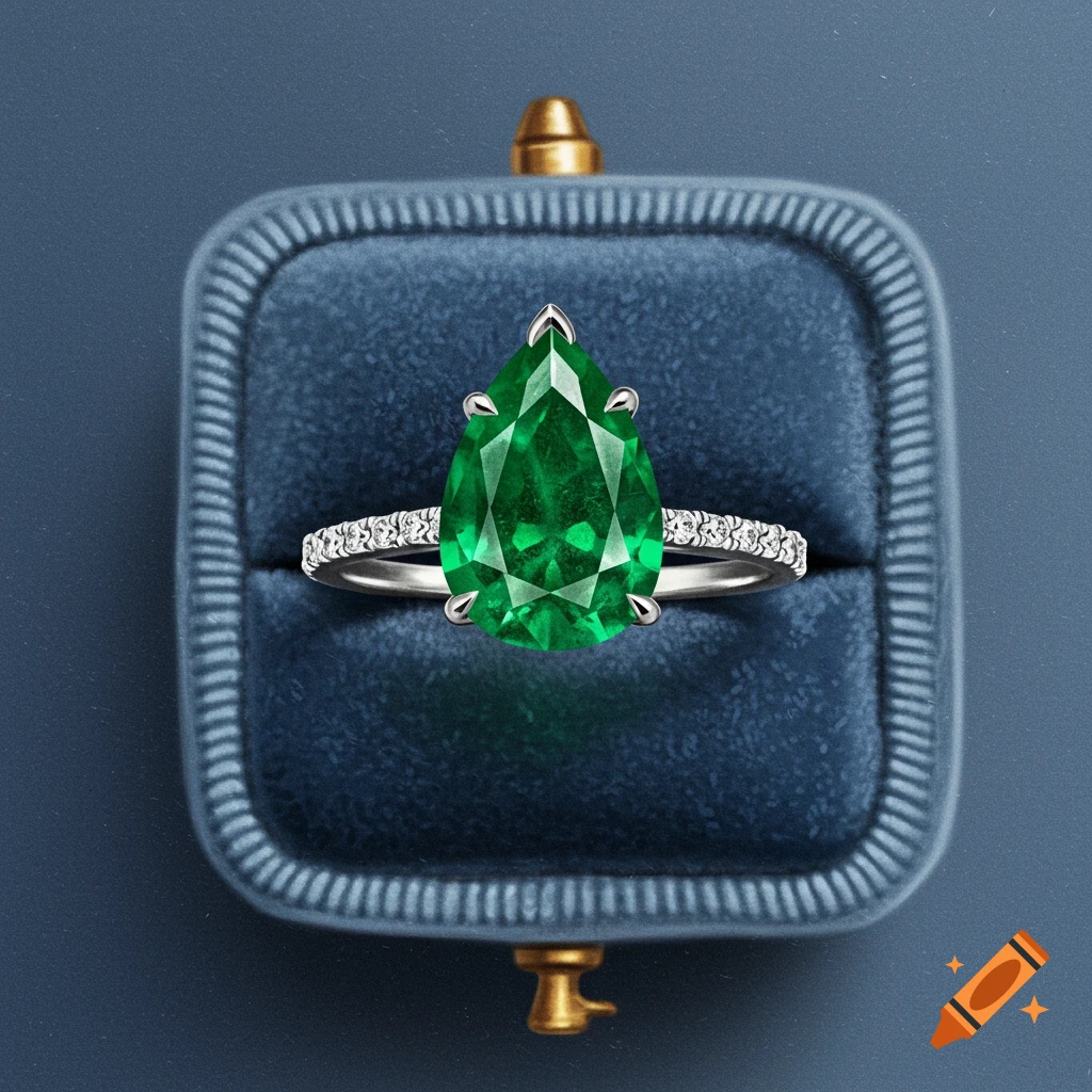 Pear shaped emerald ring in a blue velvet box.