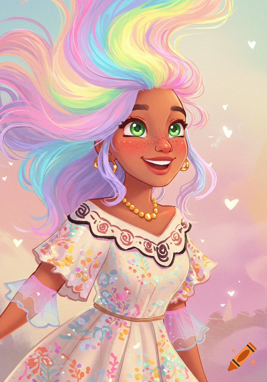 A smiling person with rainbow hair and green eyes in a colorful dress.