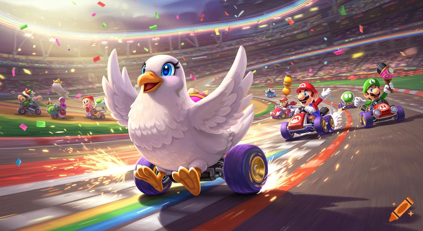 A dove winning a Mario Kart race ahead of other characters on a rainbow track.