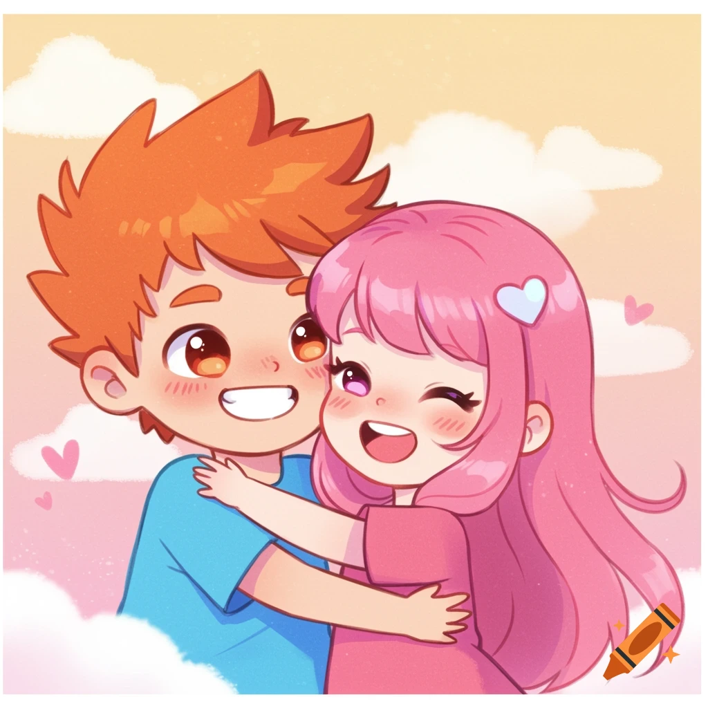A vibrant, whimsical cartoon of a boy and girl with spiky orange hair and pink hair hugging against a pastel sky.