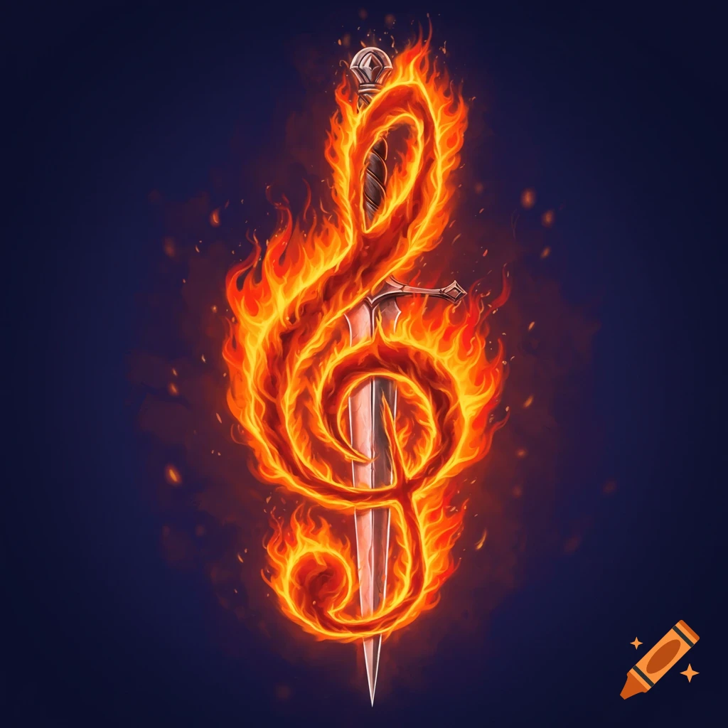 A fiery treble clef is wrapped around a dagger on a dark background.
