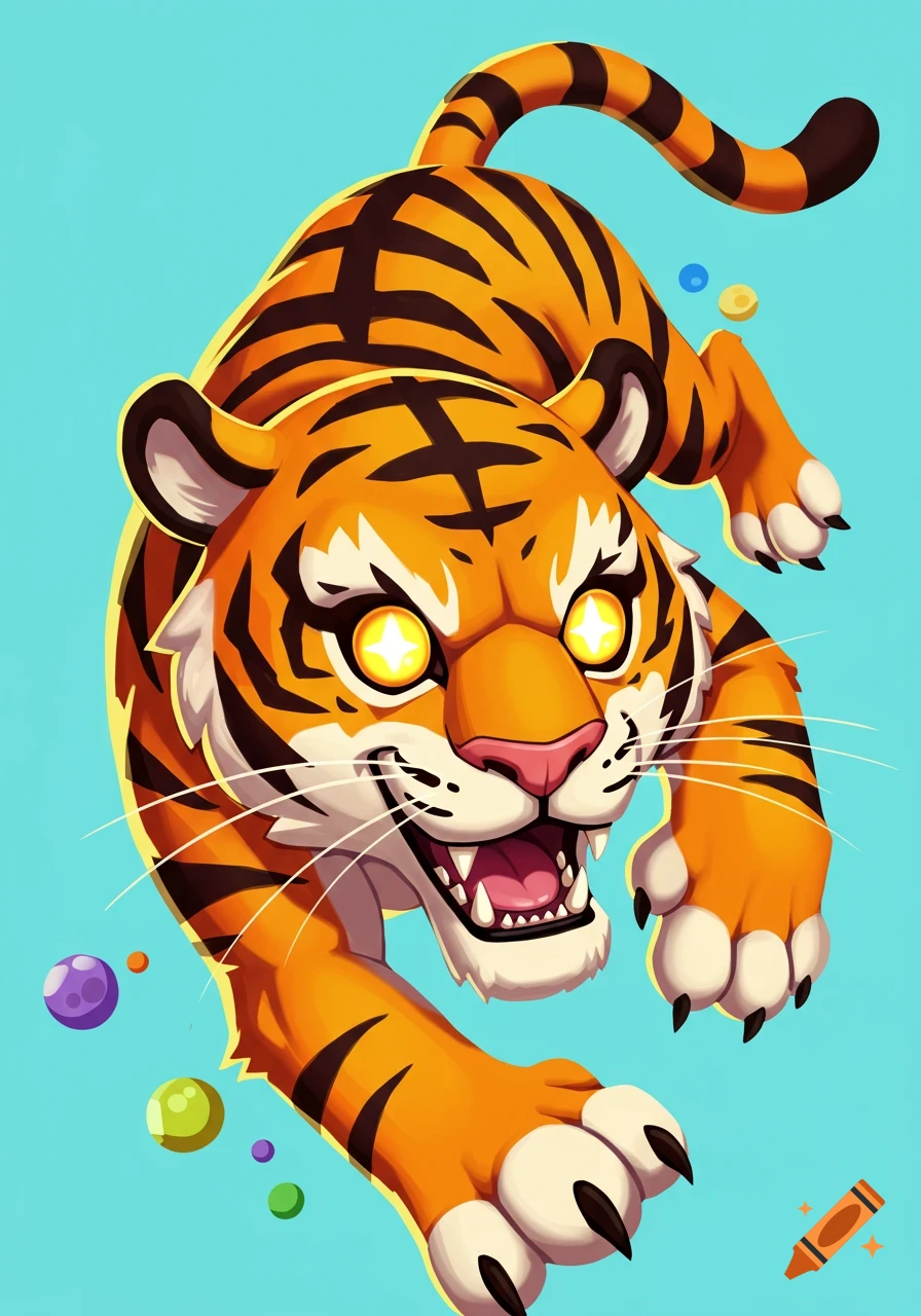 A cartoony tiger with bright eyes pounces forward against a blue background, in the art style of Behemoth games.
