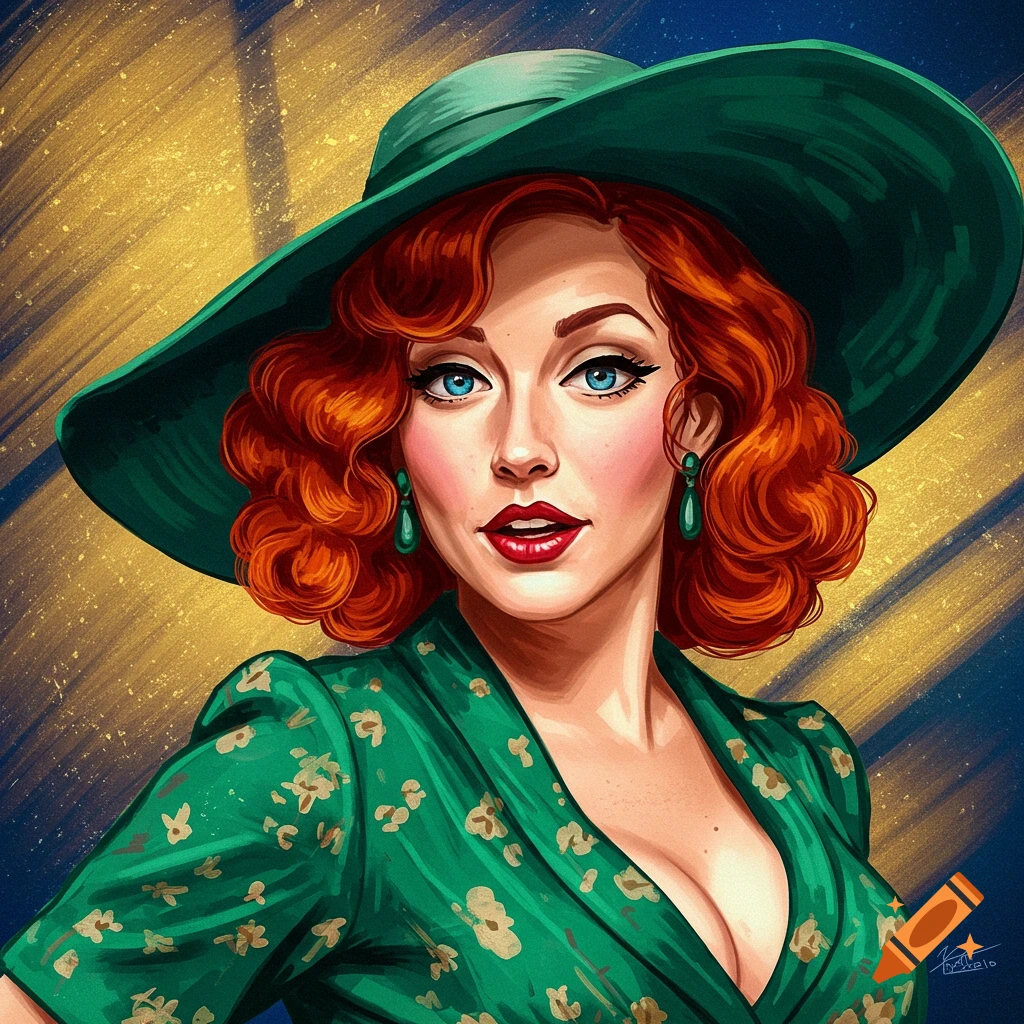 A woman wearing a green hat and floral dress.