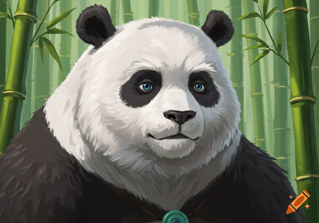 A close-up of a panda with blue eyes in a bamboo forest, wearing a necklace.