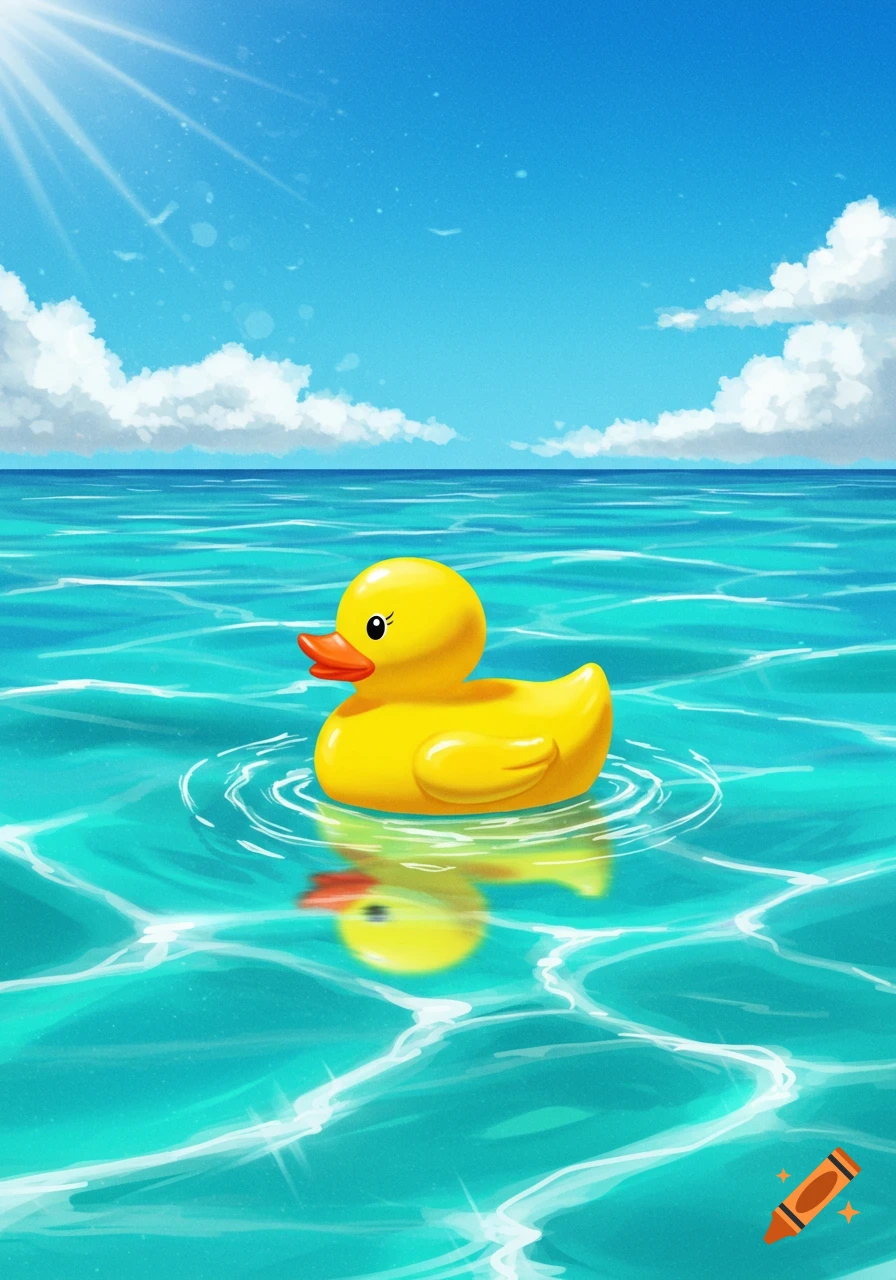 A yellow rubber duck floats in bright blue ocean water under a sunny sky.
