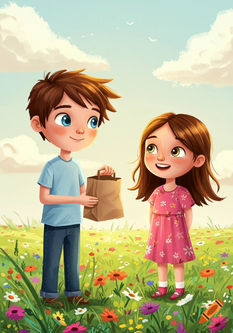 An illustration of a boy giving a girl a paper bag in a sunny field of wildflowers.