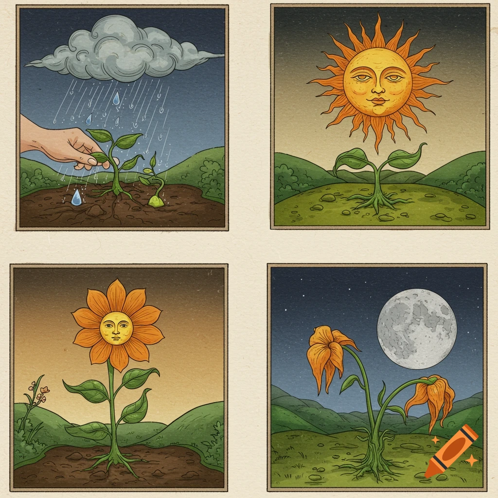 Four panel illustration showing a plant's life cycle from seed to wilting, with sun, moon, and rain in a medieval style.