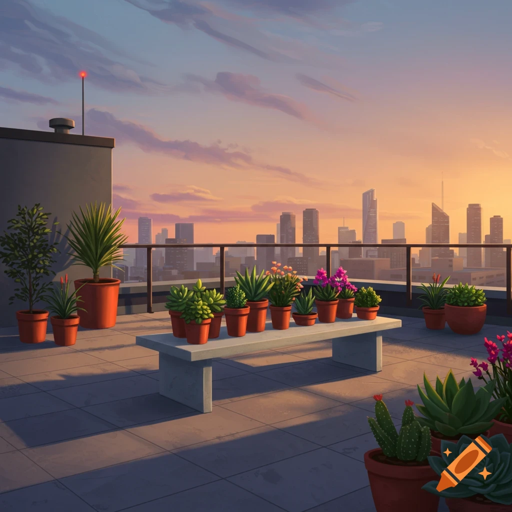A rooftop garden with potted plants and a view of a city skyline at sunset.