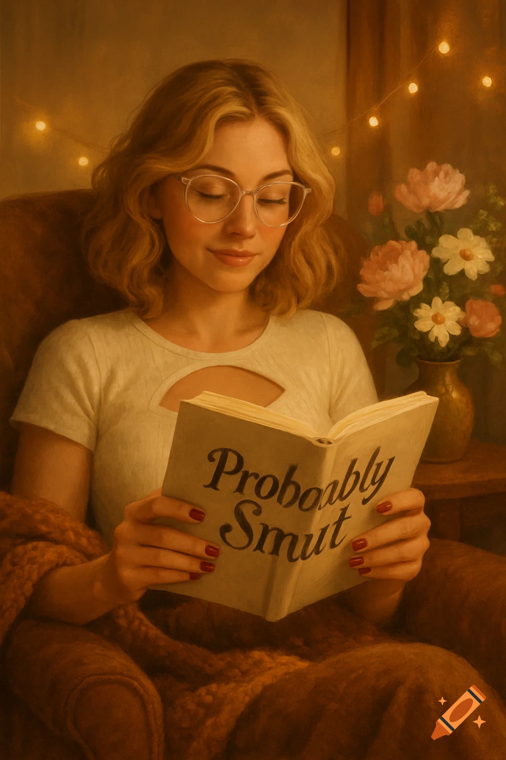 A woman with glasses reading a book titled 'Probably Smut' in a cozy room with flowers and fairy lights.