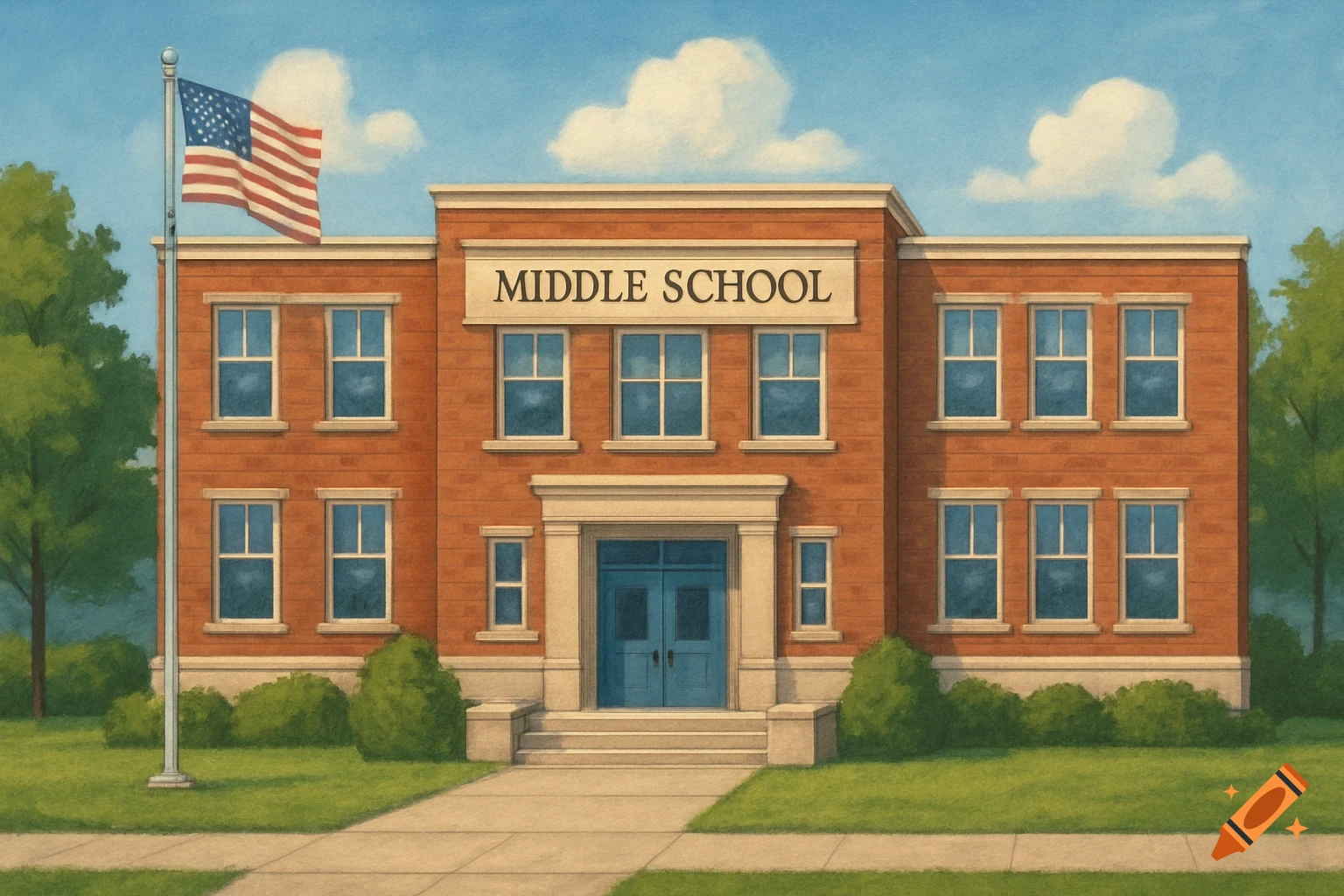 A red brick middle school building with a US flag.