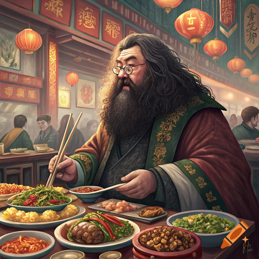 Hagrid-like man eating at a Chinese buffet