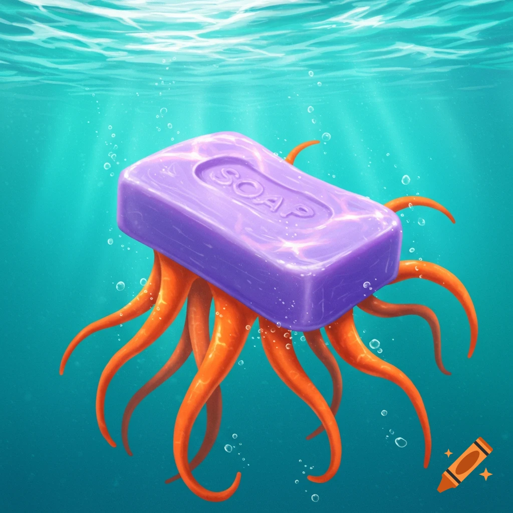 A purple bar of soap with orange tentacles is swimming underwater.