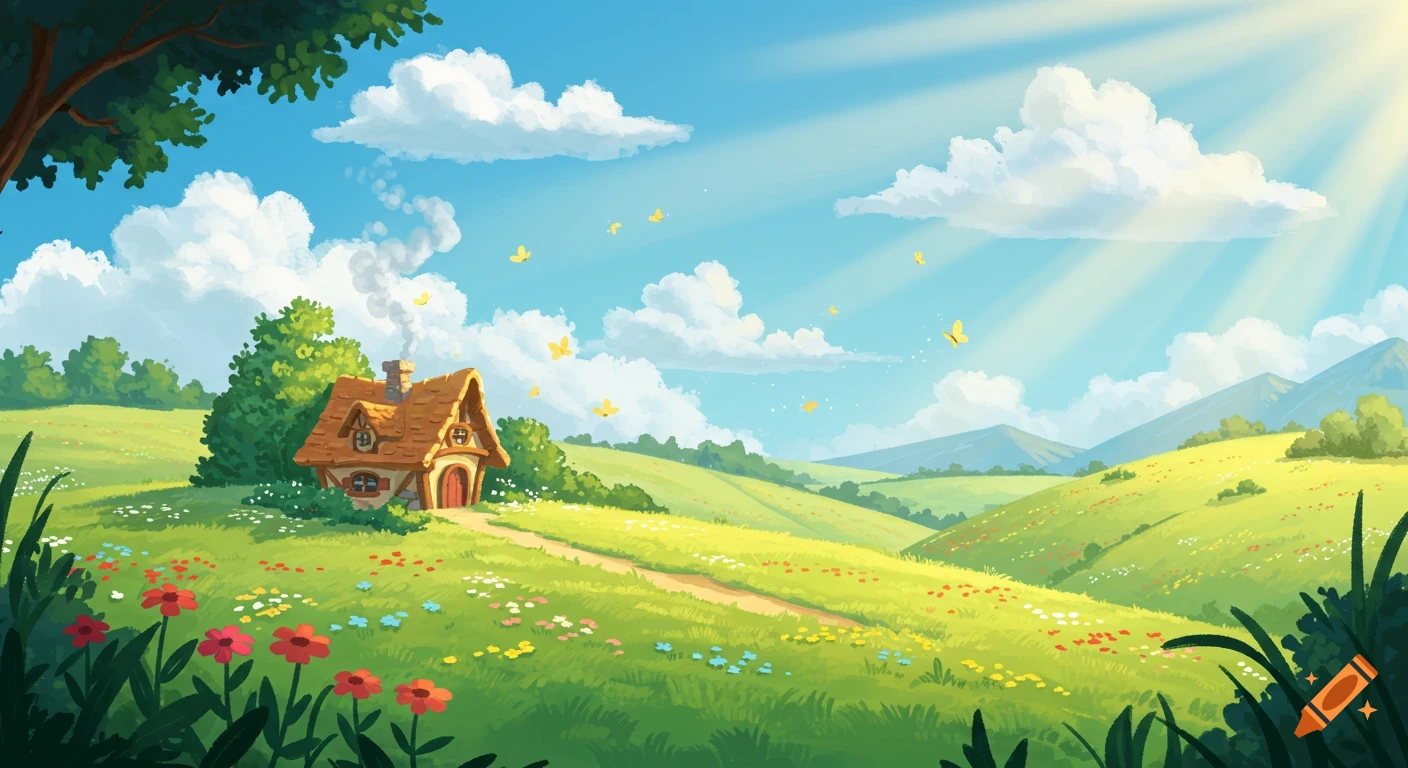 Illustration of a sunny, grassy landscape with a cottage and butterflies, in an animation style.