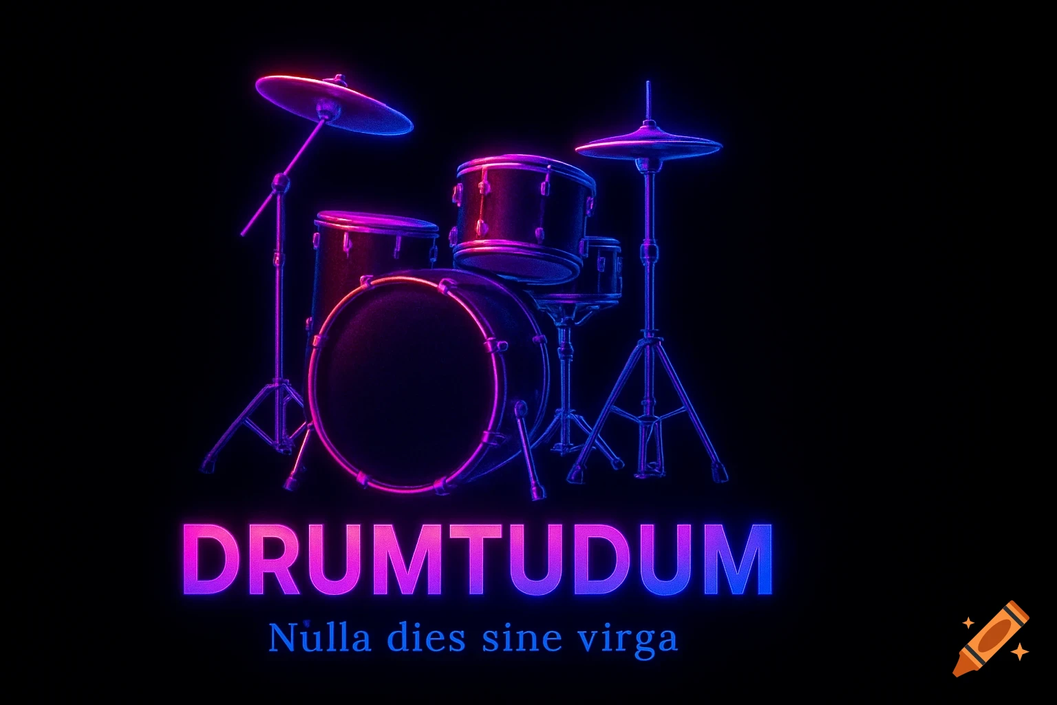 A drum set is illuminated with pink and blue neon lights against a black background, with text below it.