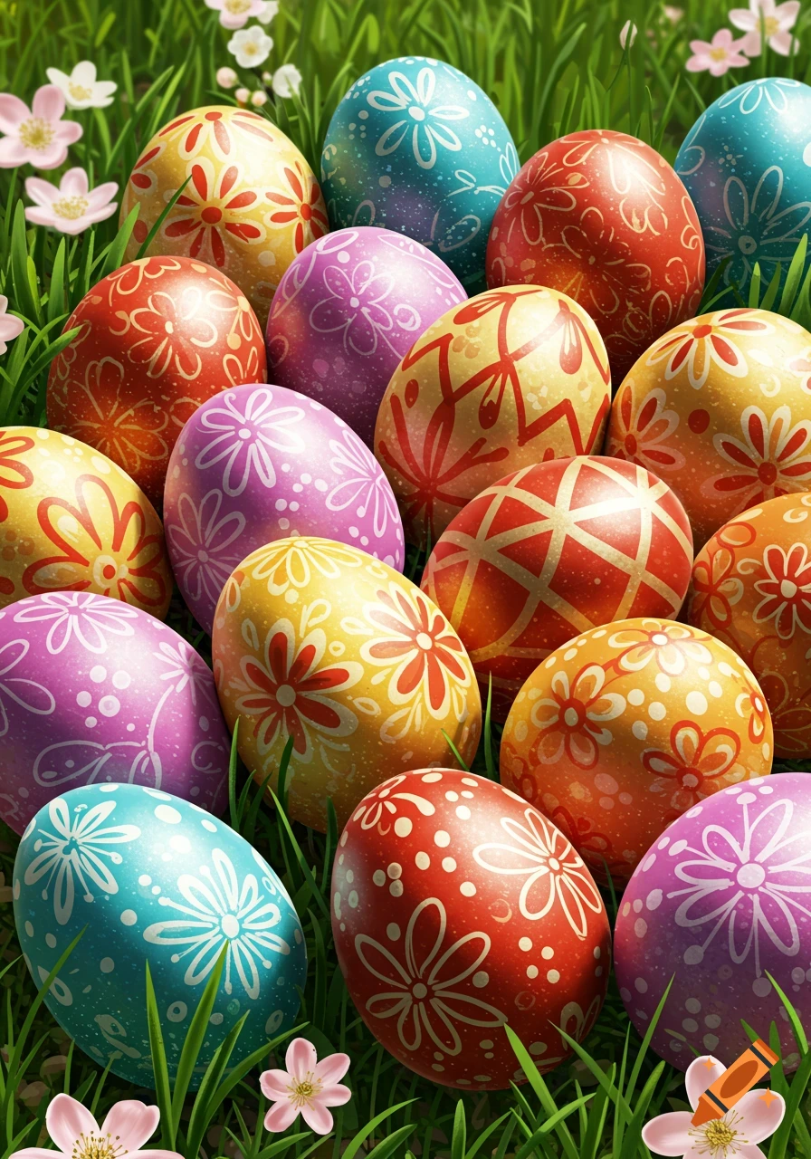 Many colorful, patterned Easter eggs nestled in green grass with pink flowers.