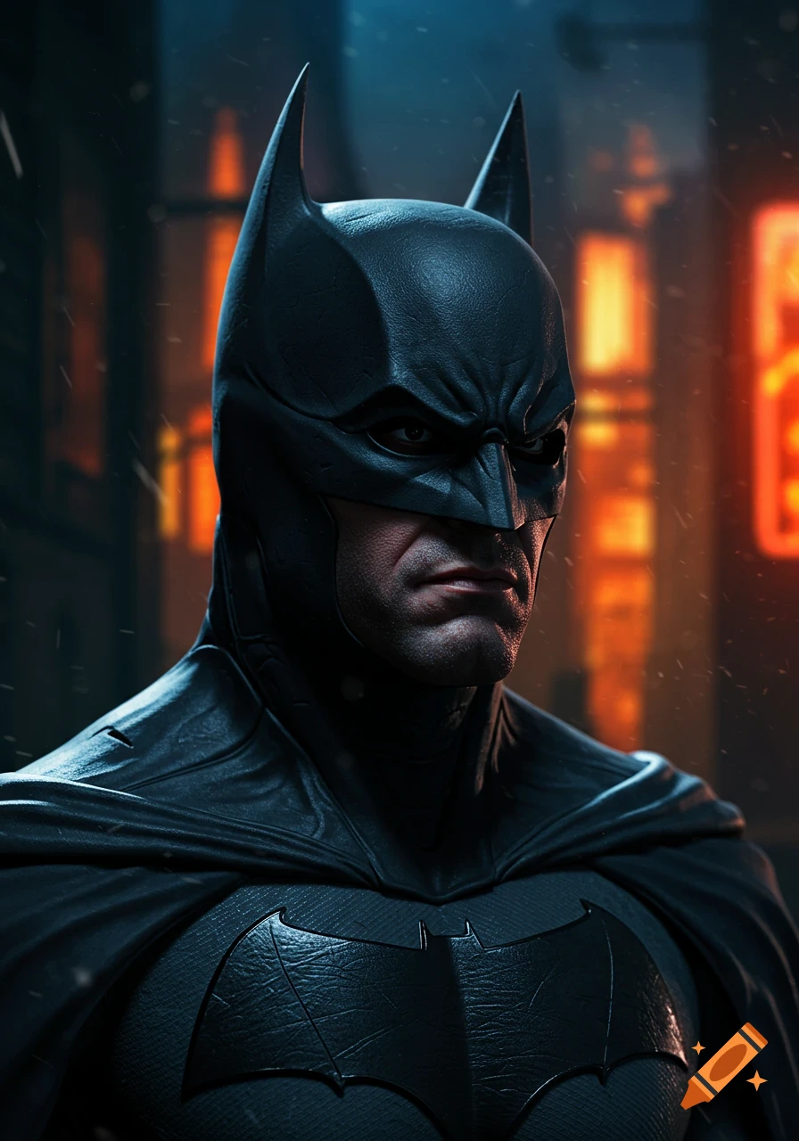 Close-up of Batman in city at night