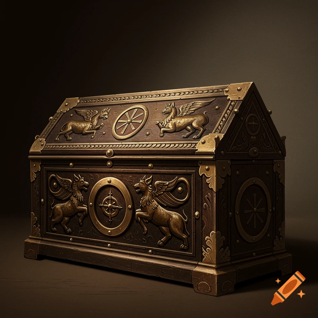 An ancient reliquary chest with detailed carvings and metalwork.