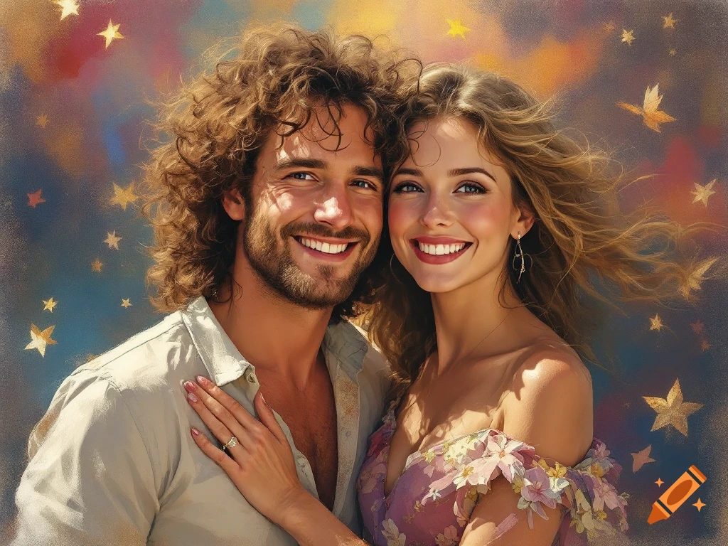 a smiling man and woman embracing with stars in the background