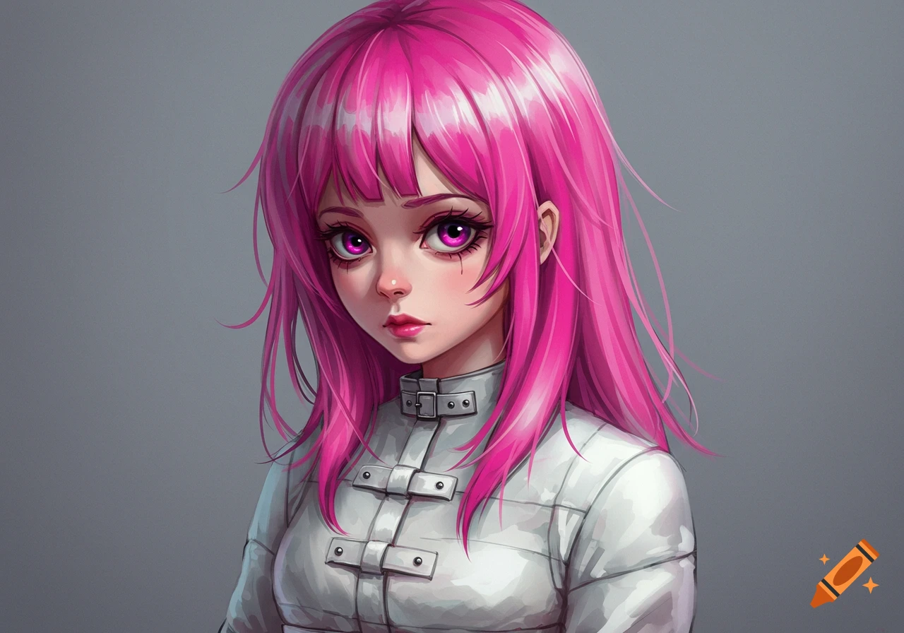 An anime girl with pink hair and purple eyes, wearing a white padded straitjacket.