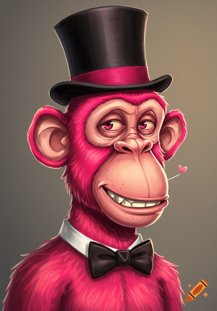 a pink monkey wearing a top hat and bowtie