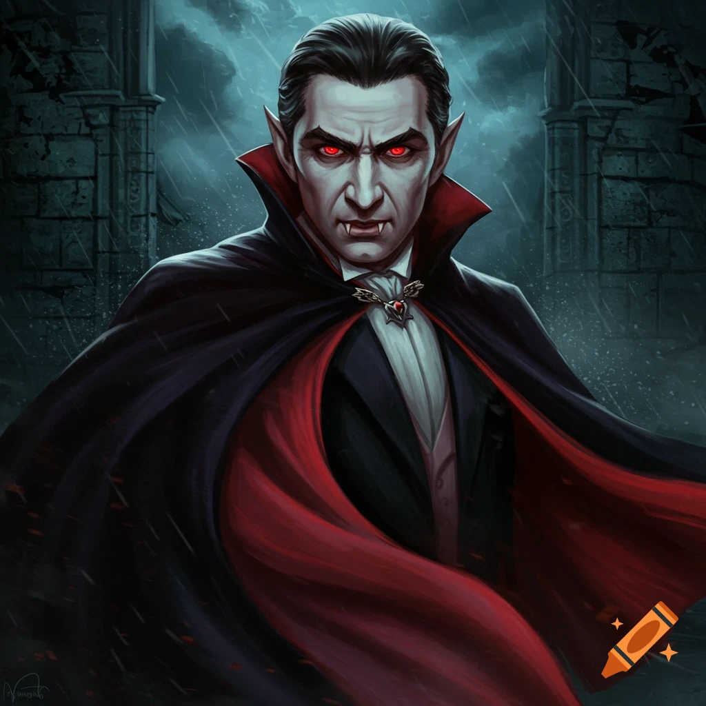 A vampire with glowing red eyes and black cloak in front of gothic architecture during rain.