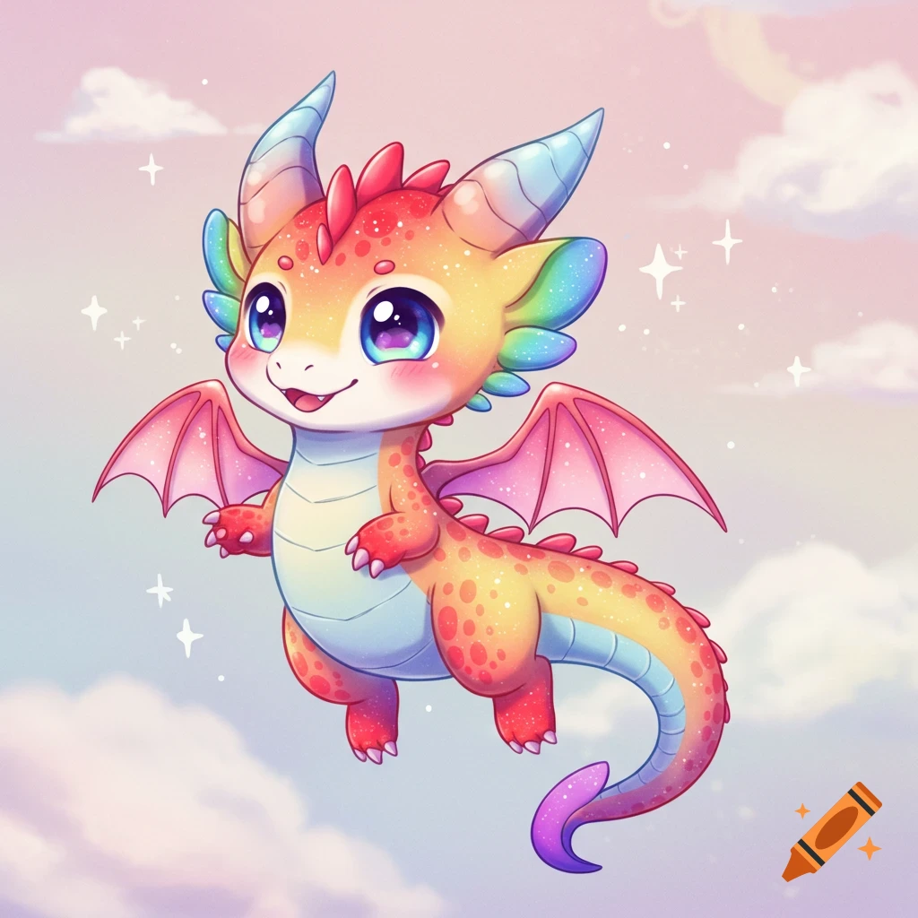 Cute rainbow chibi dragon flying in a cloudy sky with sparkling stars.