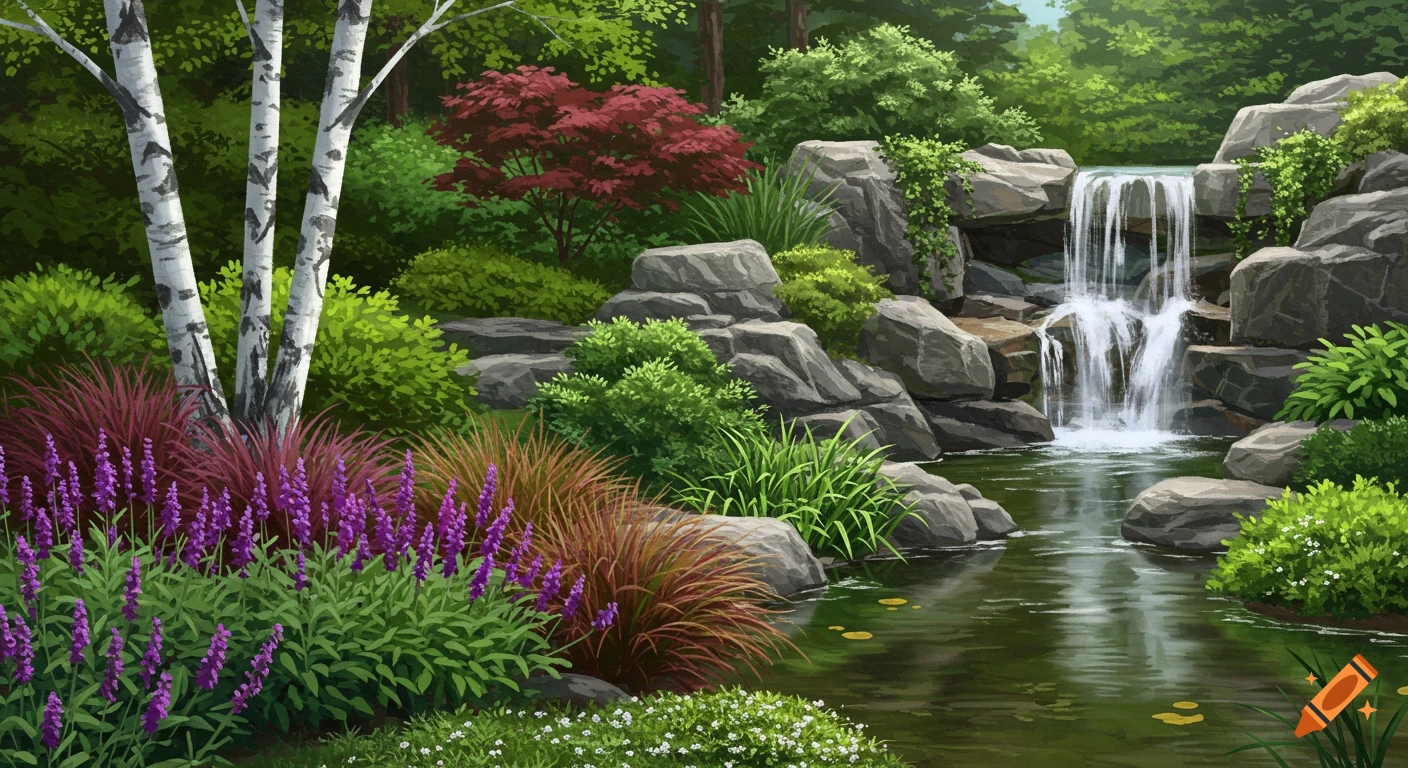 A lush garden with birch trees on the left, colorful plants, a pond, and a rocky waterfall on the right.