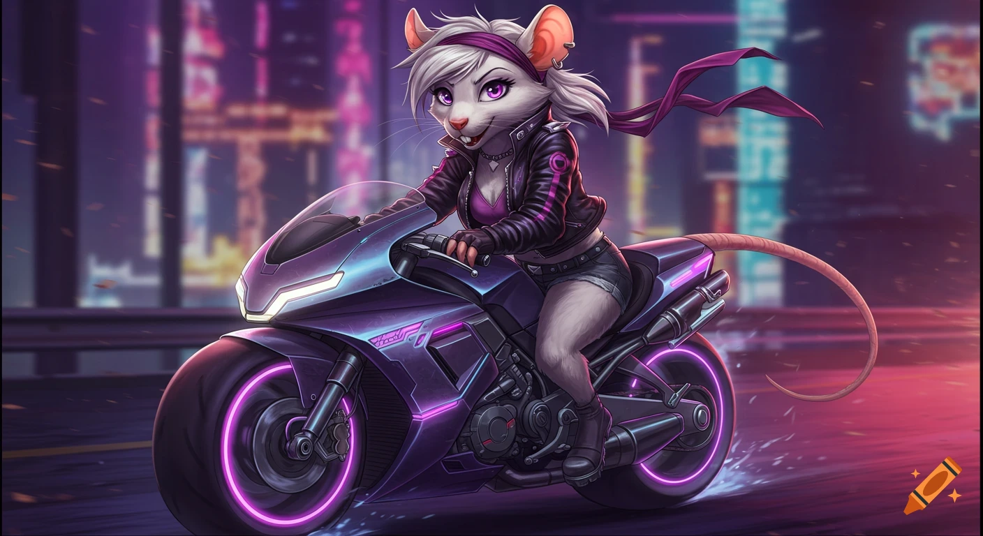 Anime style anthropomorphic rat rides a cyberpunk motorcycle through a city.