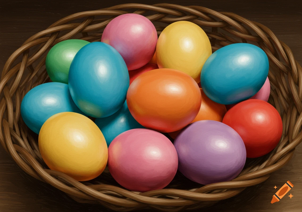 Colorful Easter eggs in a brown basket