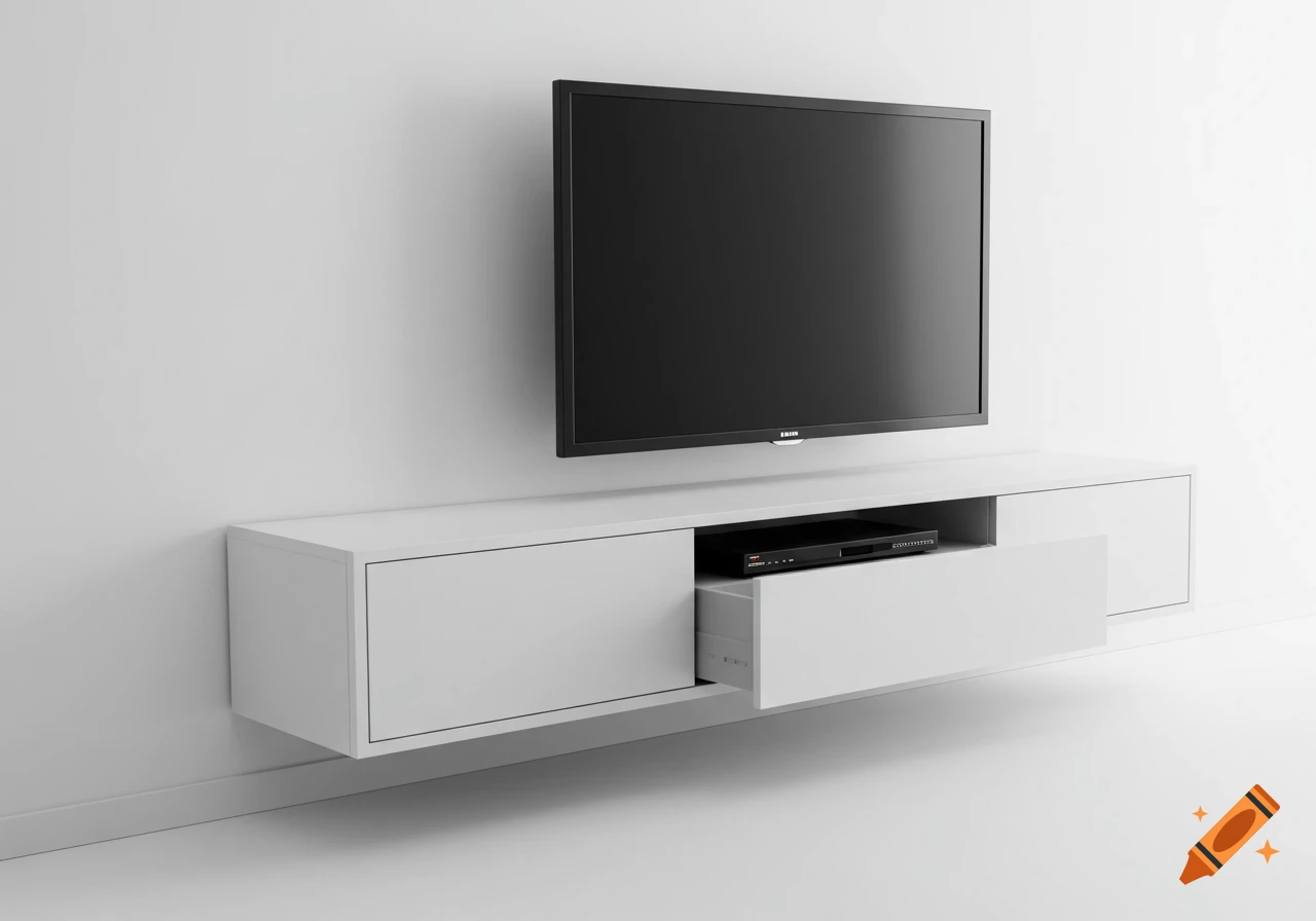 White floating TV stand mounted on a white wall with a black TV above it. A drawer is open showing a DVD player inside.