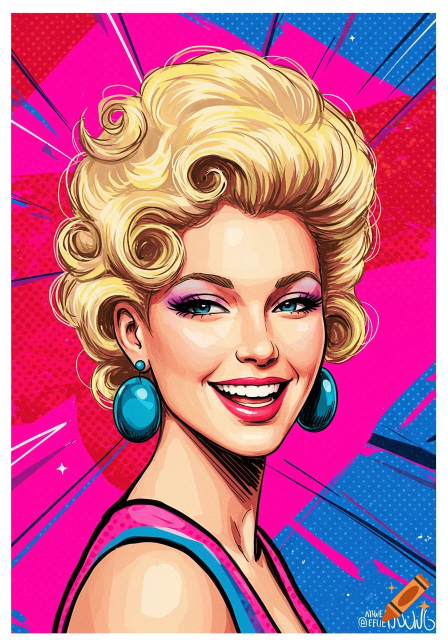 A smiling blonde woman with permed hair and large blue earrings in a bright pop art style.