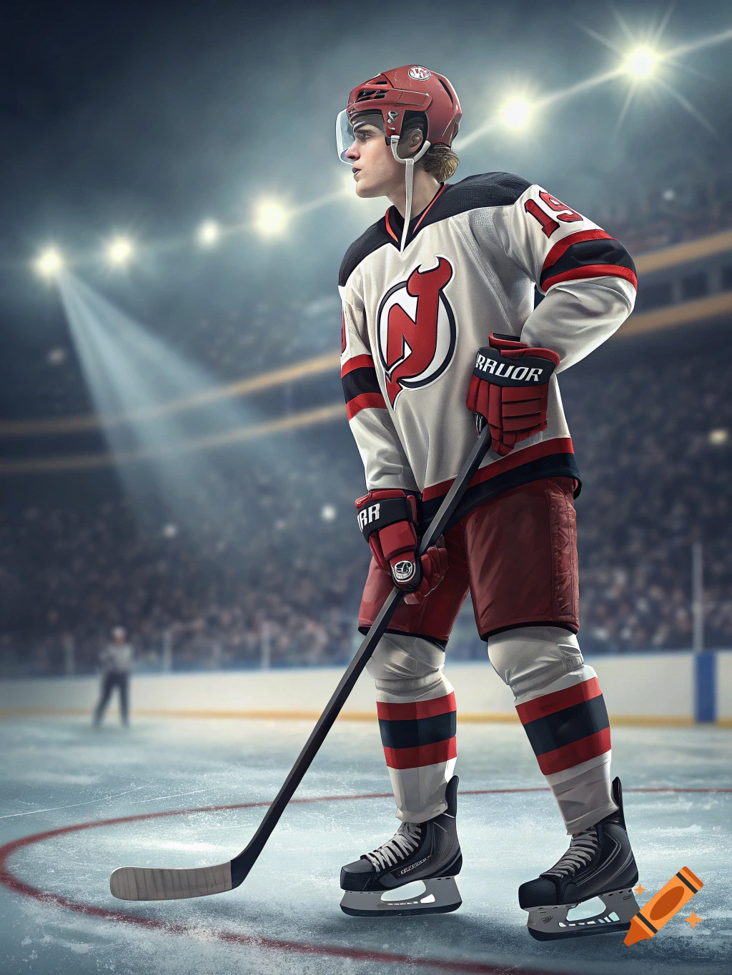 A hockey player in a white and red New Jersey Devils uniform stands on the ice in a stadium.