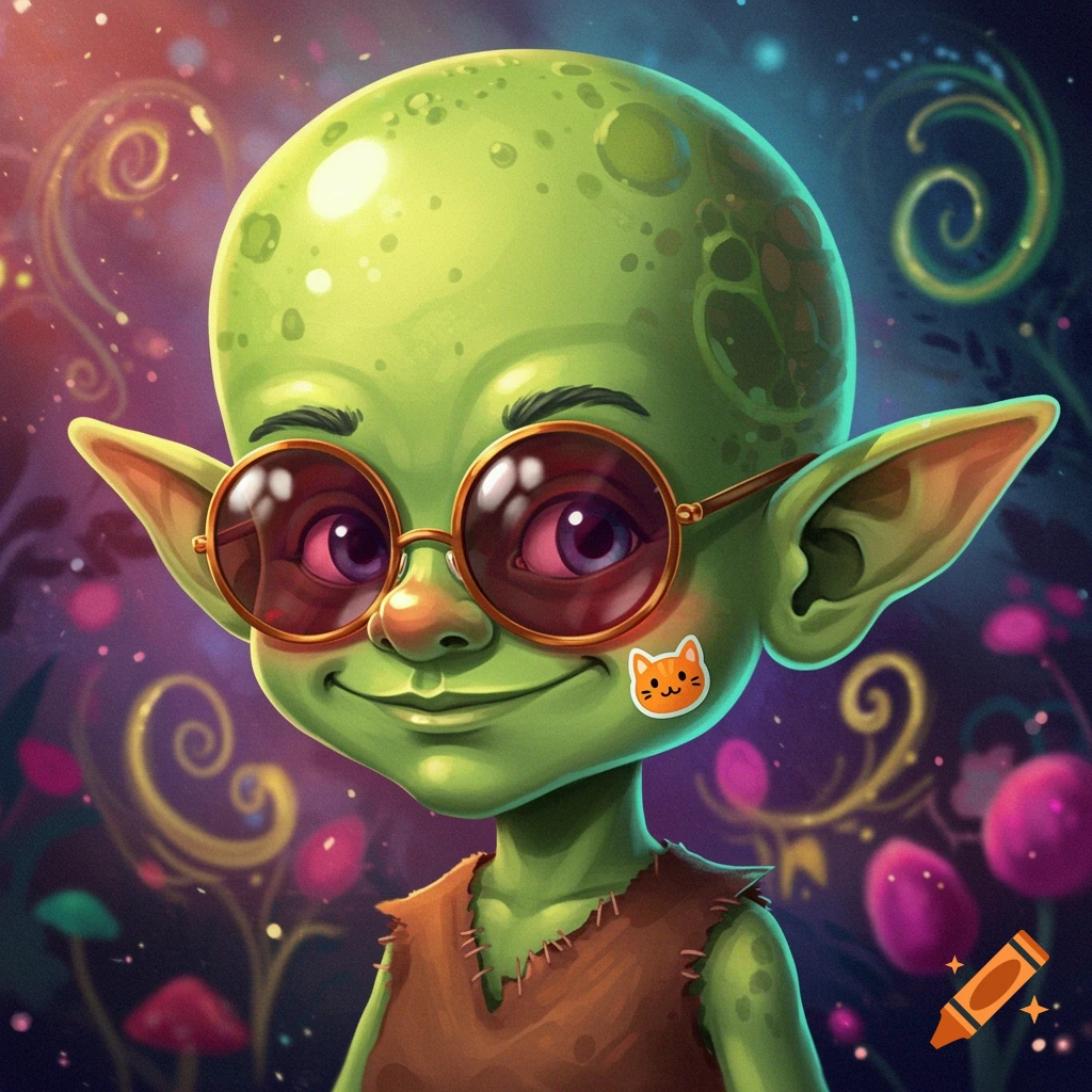 A cartoon illustration of a green goblin with big sunglasses and a cat sticker on its cheek, in a whimsical forest.