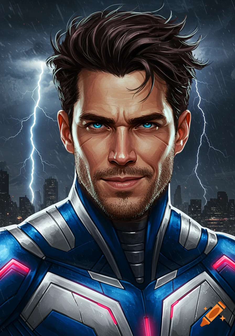 Portrait of a superhero in blue armor with lightning in the background.