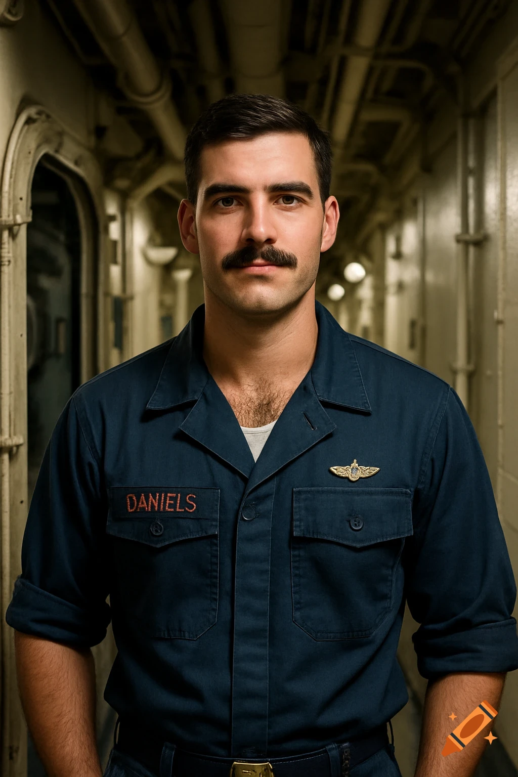 Photorealistic portrait of a man in a U.S. Navy uniform with a mustache standing in a ship corridor.