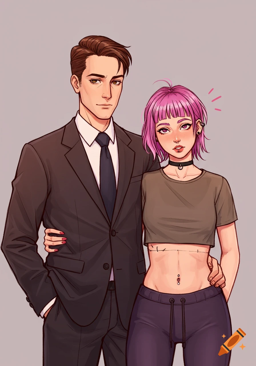 Illustration of a man in a suit standing next to a woman with pink hair in a crop top and yoga pants