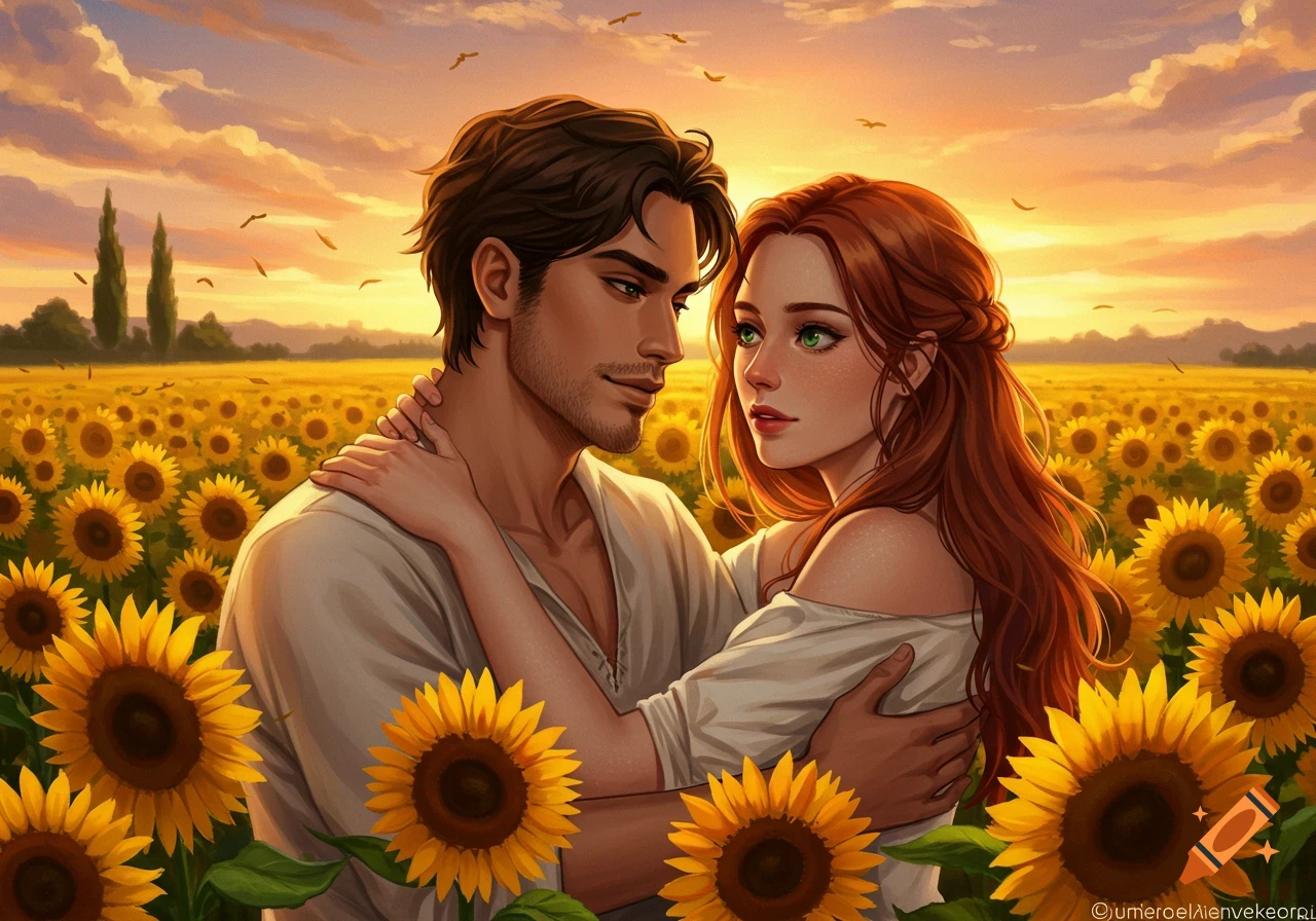 A man and woman embrace in a field of sunflowers at sunset