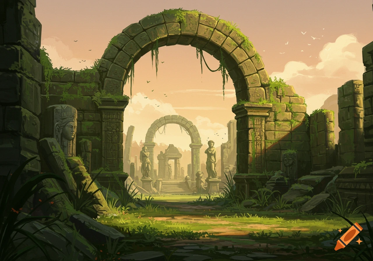 Overgrown ancient stone ruins with arches and statues against an orange sky.