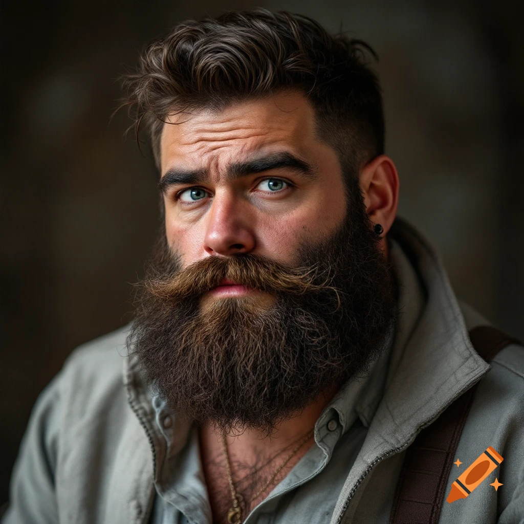 Realistic portrait of a man with a full beard and mustache, looking serious.