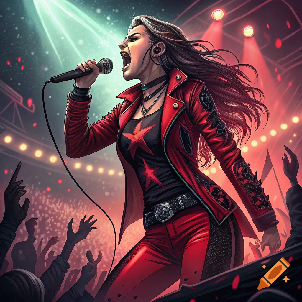 A stylized illustration of a rock star singing passionately on stage under bright lights with a crowd watching.