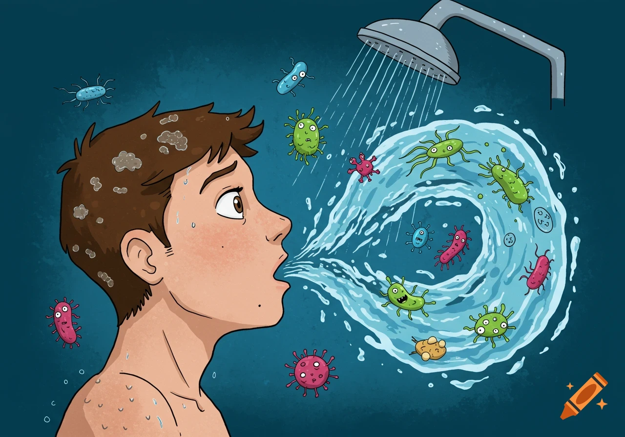 Illustration of a person looking distressed at a shower head with microbes floating in the water.