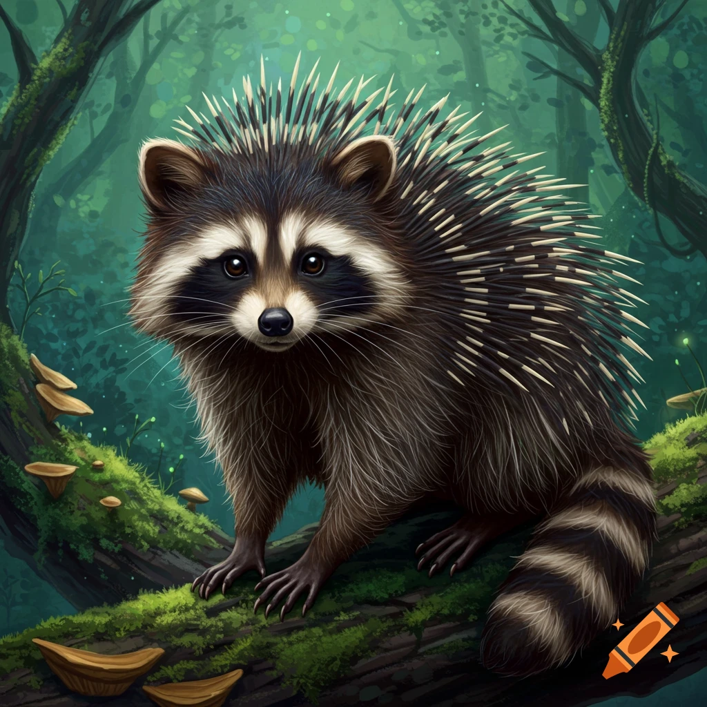 A quilled raccoon sits on a mossy log in a forest.