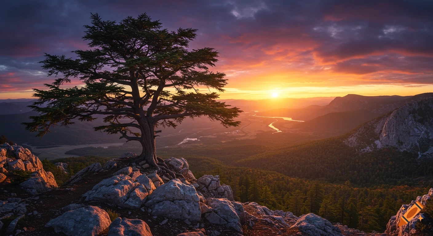 A majestic cedar tree stands on a mountaintop overlooking a valley and river during a vibrant sunset.
